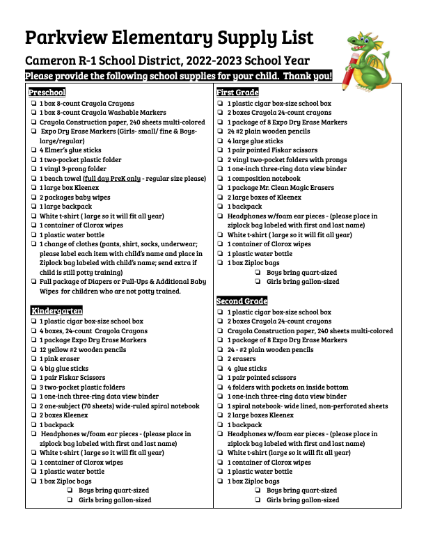 Parkview Elementary Supply List