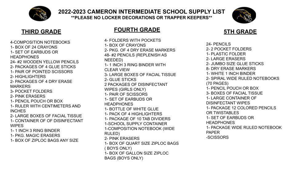 CIS School Supply Lists
